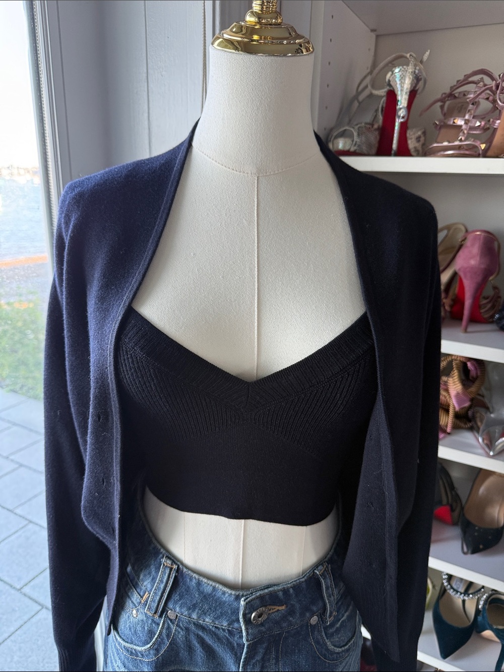 COS Black Knit Cropped Camisole with Navy Cardigan